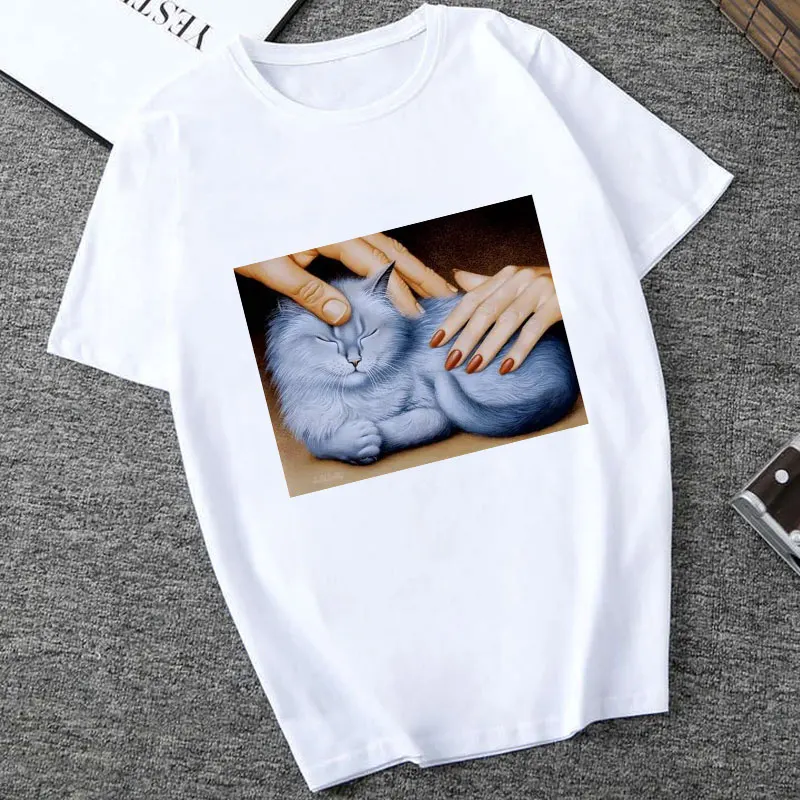 Summer New Casual Fashion Big Size Cartoon Art Spoof Fun Tops Tees Print Short-sleeved Michelangel Cute Cat Loose Female T-shirt | Женская