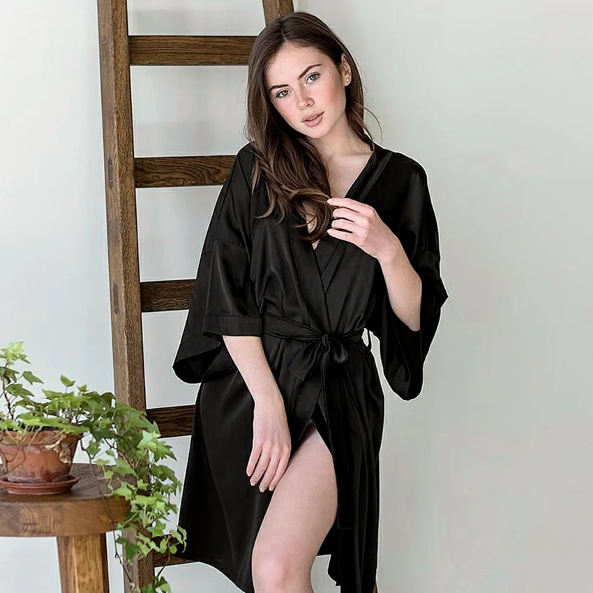 

Hiloc Satin Sexy Bathrobe For Home Robe Women Sleepwear Three Quarter Sleeve Black Silk Robe With Sashes Nightgown 2021 Spring