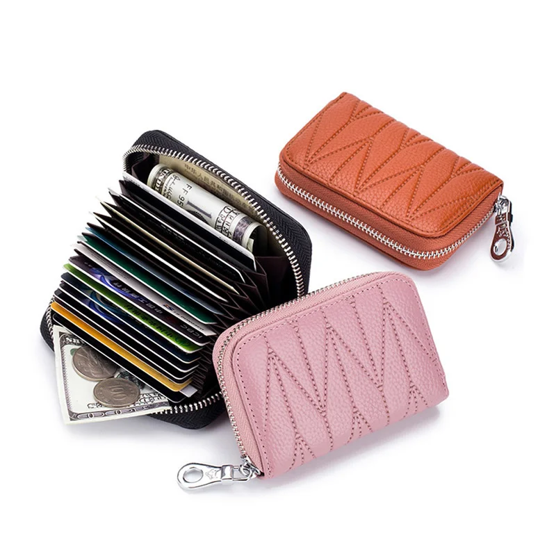 

Genuine Leather Cowhide Card Holder Women RFID Blocking Zipper Card Holder Men Minimalist Travel Wallet Organ Creditcard Bag