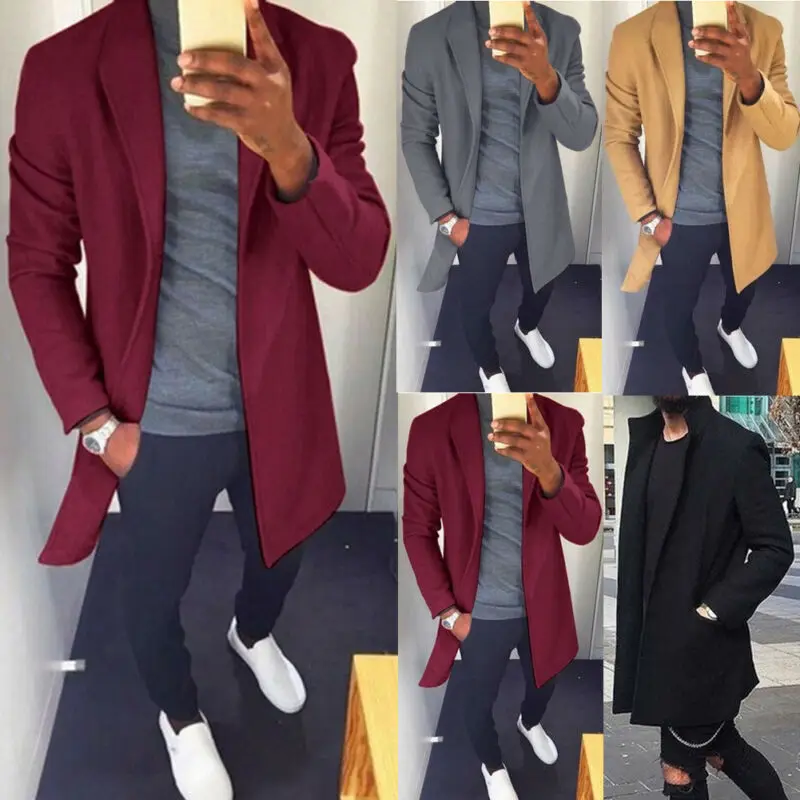 Мужской Повседневный плащ утепленный шерстяной Тренч однотонная Классическая