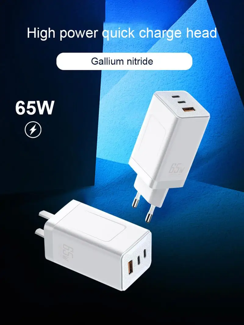 

USB Charger 65W High Power US EU GaN Adapter 3 Ports PD Type C Portable Fast Charger for Phone Laptop Watch Earphone