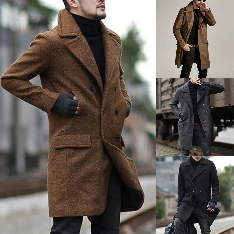 

Модное мужское плотное теплое шерстяное пальто KALENMOS, осенне-зимняя свободная ветровка, куртка для мальчиков, серое длинное пальто большого ...