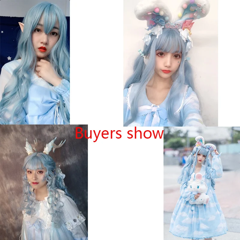 

MANWEI wig Long Water blue Lolita Wigs Blue Wavy Harajuku Cosplay Wig Heat Resistant Synthetic Hair Halloween