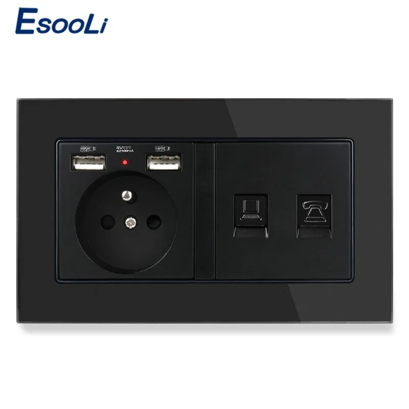 ESOOLI стеклянная панель французская стандартная розетка с 2 usb-портом для зарядки +
