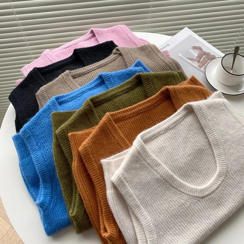 

2021 Autumn Korean Knitting Sweater Vest For Women Minimalism Solid Waistcoat Sleeveless Jacket Casual Tops