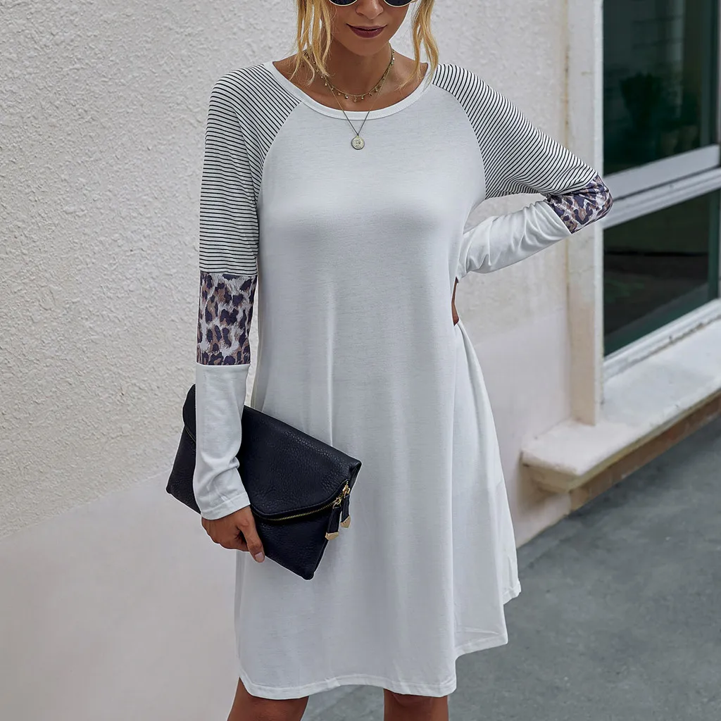 Женское платье в полоску с длинным рукавом и карманами до колена|Женские платья| |