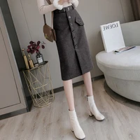 new autumn winter women woolen skirt elegant fashion knee length high waist solid color all match slim pack hip skirt