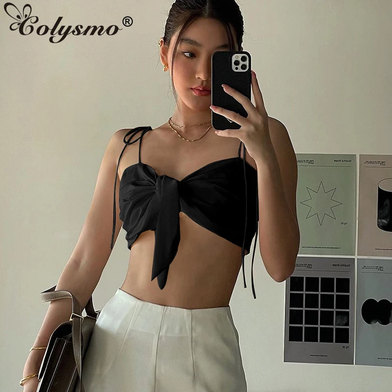 

Женский топ на бретельках Colysmo, черный однотонный топ на бретельках с рюшами на шнуровке y2k, лето 2019