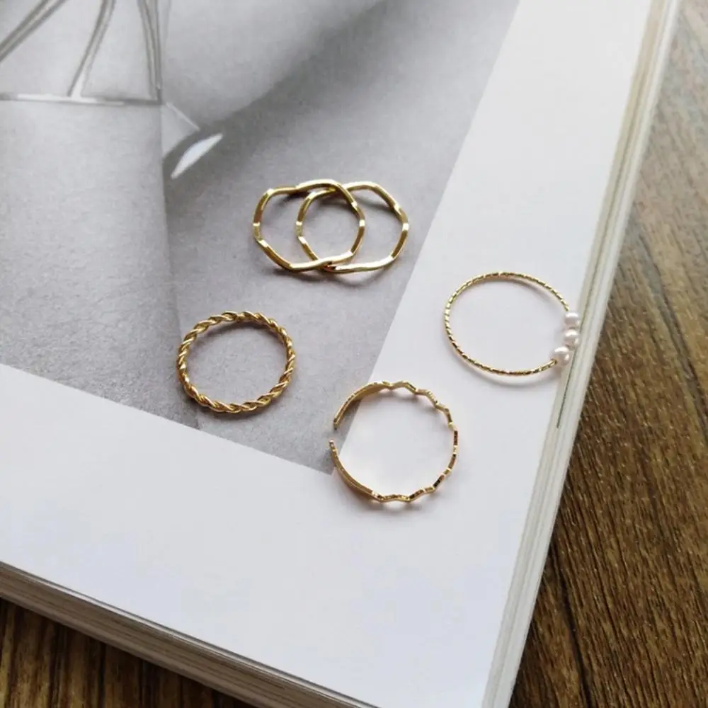 Adjustable 5PCS/Set Fashion Minimalist Style Personality Gold Geometric Wave Opening Rings Circle Pearl Set For Women | Украшения и
