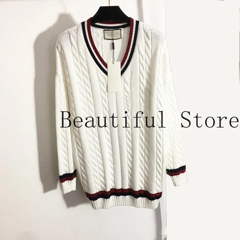 Brand  fall winter 2021 clothing woman sweaters Embroidered taped knitted V-Neck long sleeve high end pullover women sweater kenvy high end luxury brand women s slash neck ruffles white elastic long knitted wool dress