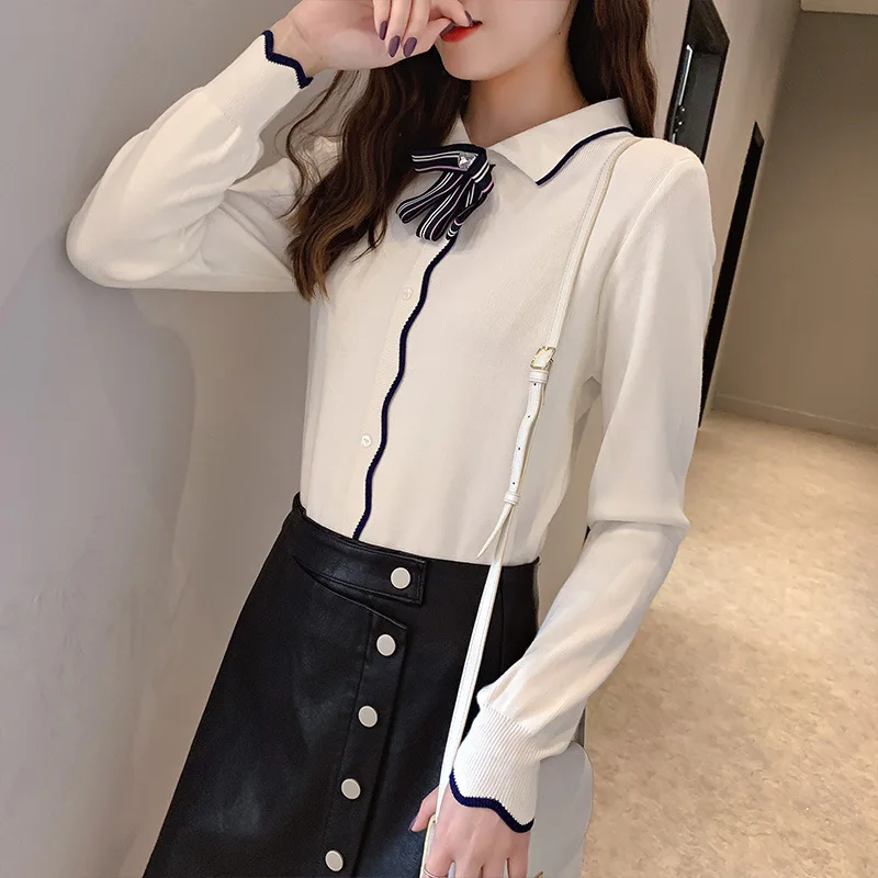 

Women's 2021 spring new white striped pullover lapel bow sweet style slim-fit sweater Female casual jacket