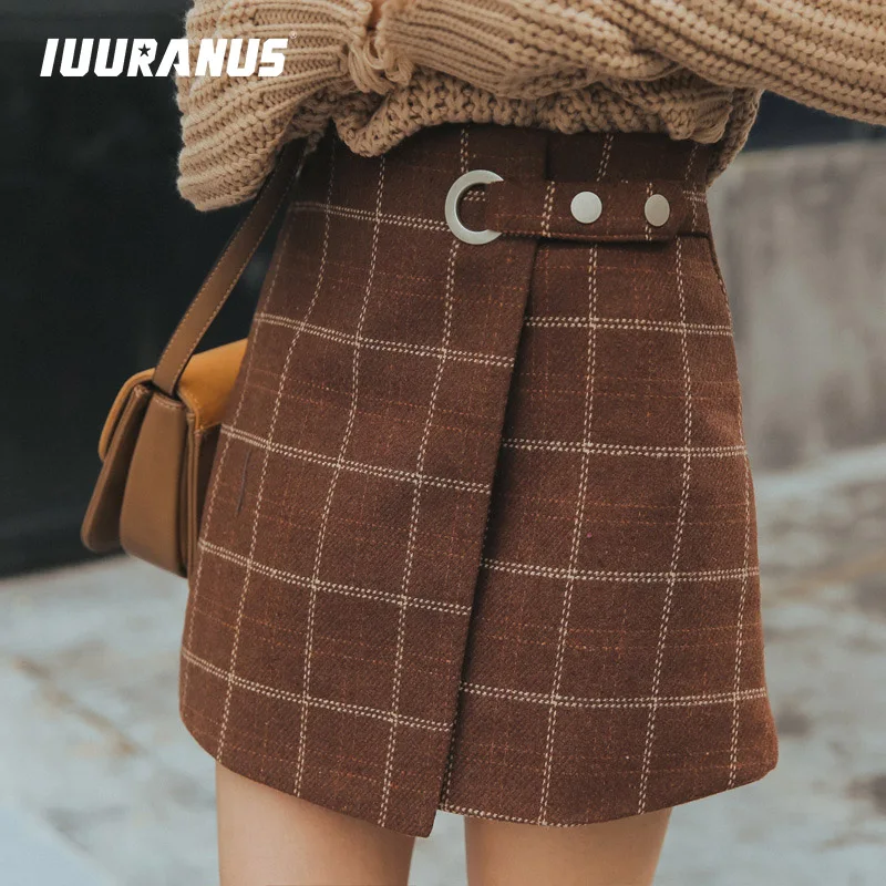 IUURANUS 2019 Осенне зимняя Дамская обувь Harajuku утолщенная шерстяная клетчатая юбка в