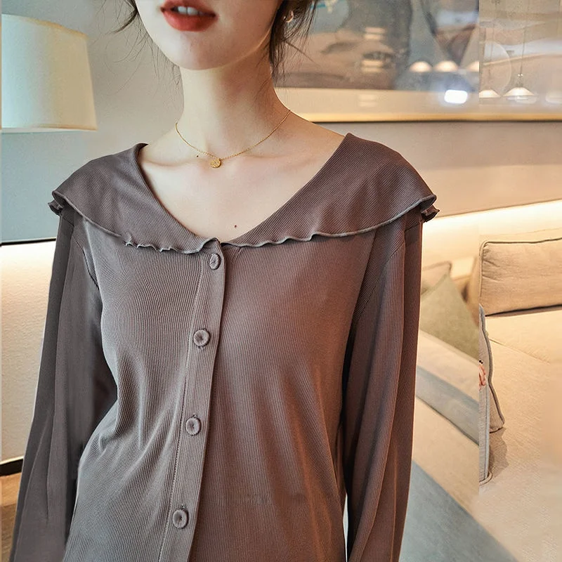 QWEEK Kawaii Pajamas Clothing Sets for Pregnant Women Autumn Two Piece Sleepwear Cute Pijama Solid Pyjama Suit Plus Size 3XL 4XL