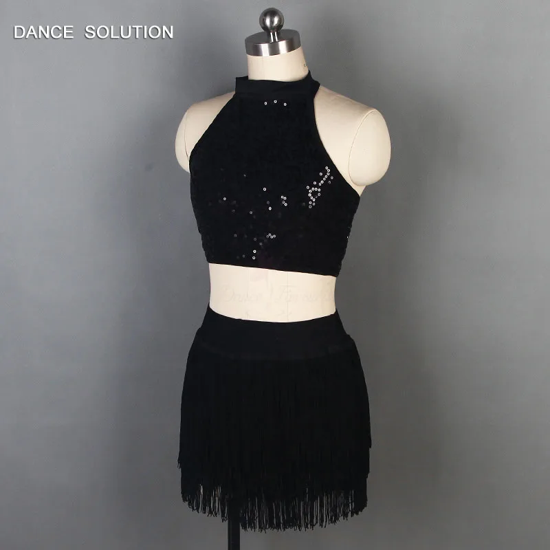 Унитард с Черными Блестками и юбкой бахромой танцевальная одежда лямкой на шее