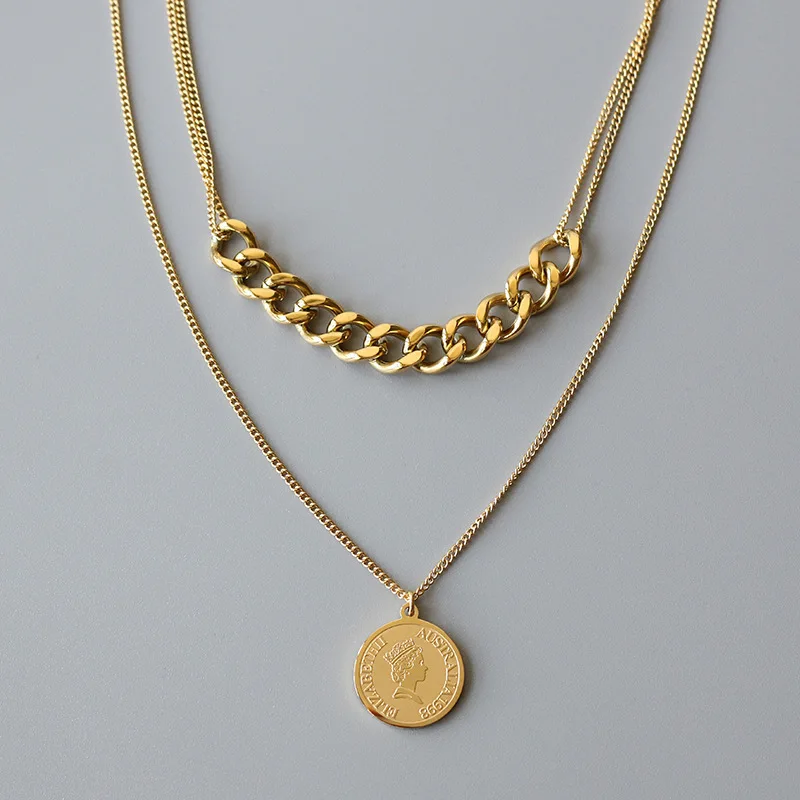 

Vintage Steel Multilayer Pendant Gold Queen Head Coin Portrait Choker Sweater Chain Necklace Gold Long Necklace For Women Free