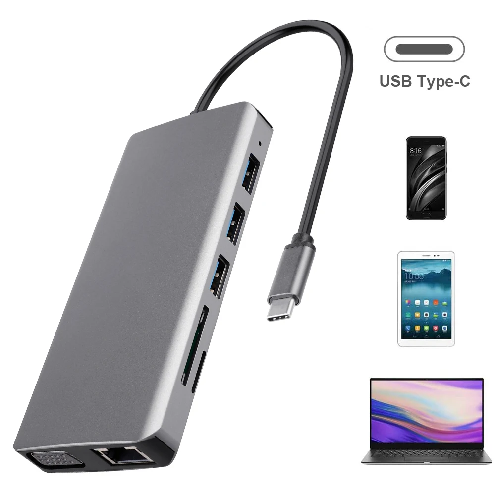 11 в 1 USB C концентратор Type данных с 4K HDMI SD TF кардридер 3 0 порт VGA rj453.5мм аудио адаптер