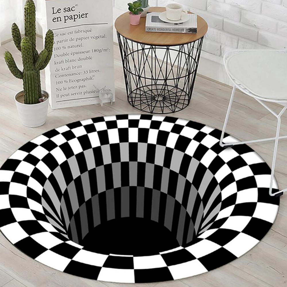 

3D Stereo Vision Carpet Round Black White Mat For Living Room Three-dimensional Illusion Visual 3D Rug Print Bottomless Hole Dec