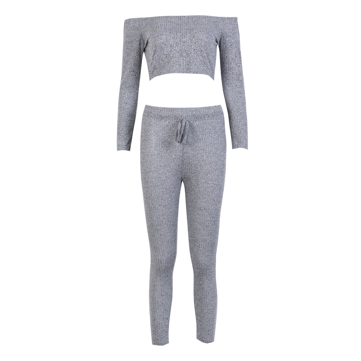 

Summer Spring casual Lady sexy Solid Gray Sports Women 2 Piece Outfit Set Rompers Jumpsuit Knit Crop Tops + Long Pants Set