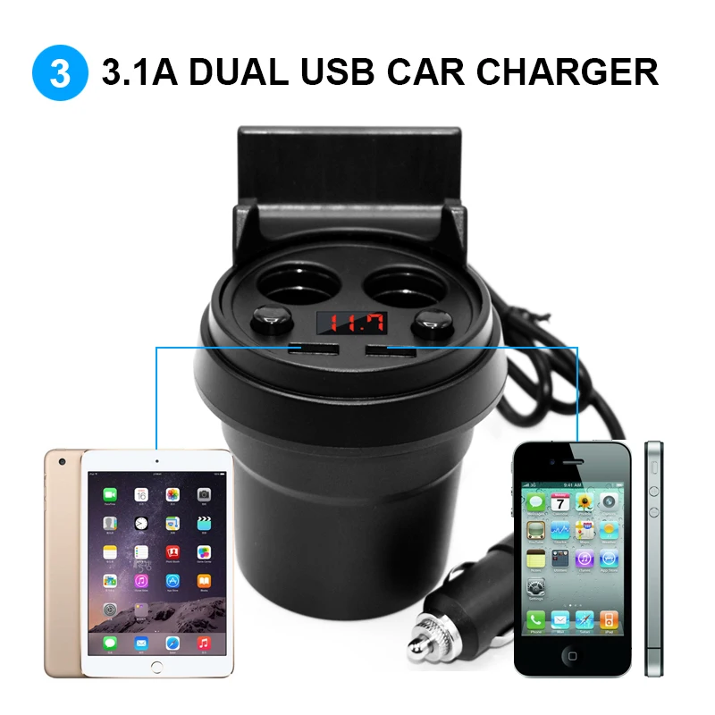 Автомобильное зарядное устройство 5V 3.1A с двумя USB и адаптером для прикуривателя