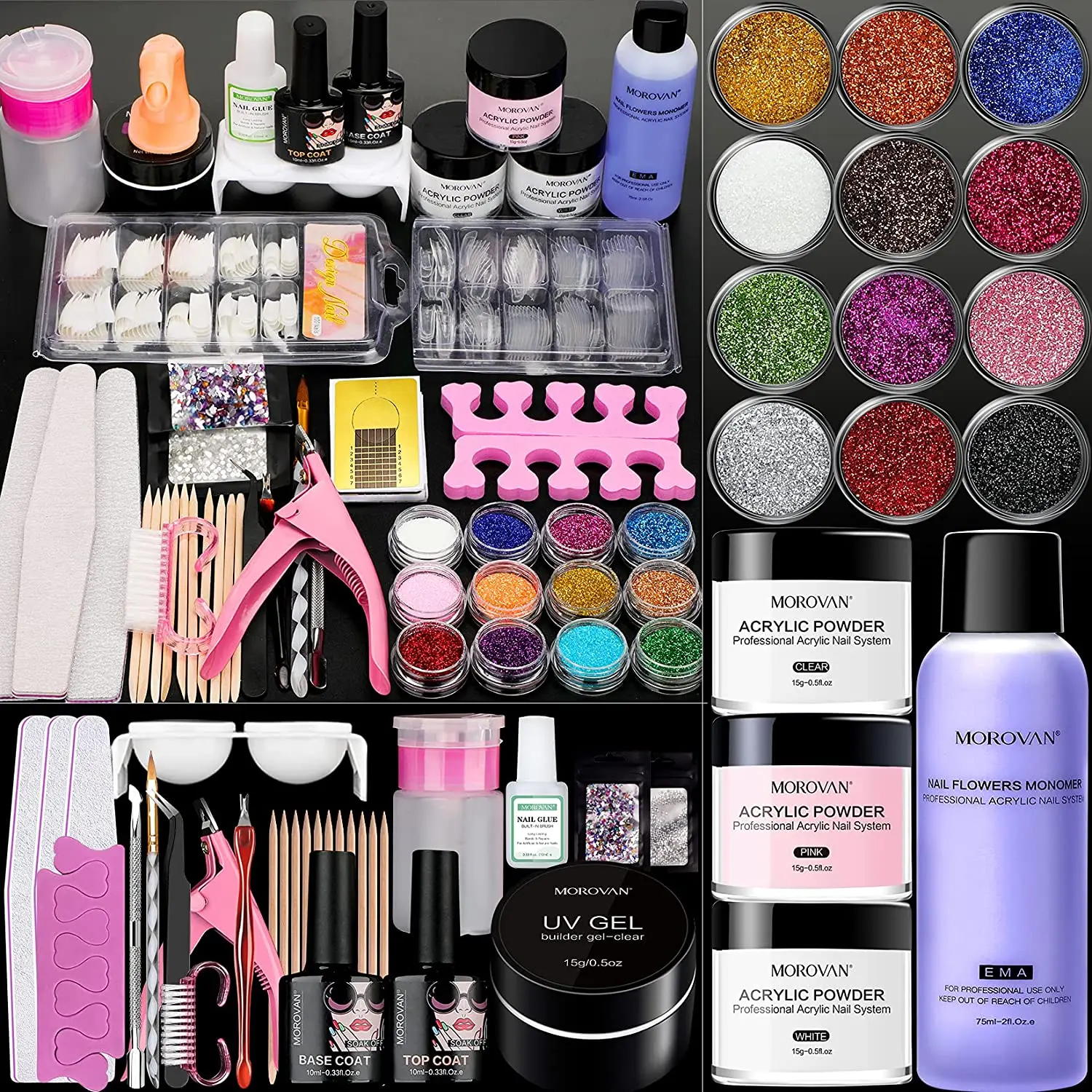 

Acrylic Nail Kit with 12 Glitter Powder and Liquid Set - Professional Acrylic Nail Powder for Nail Extension French Manicure kit