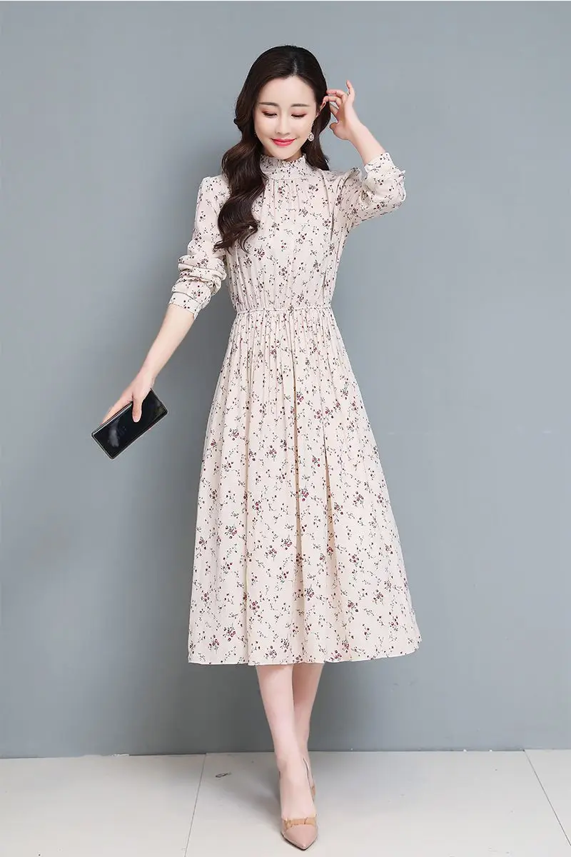 

COIGARSAM 3XL Plus Size National Wind Chiffon Women dress New Spring Vintage Loose Floral Print Dresses Pink Blue 231