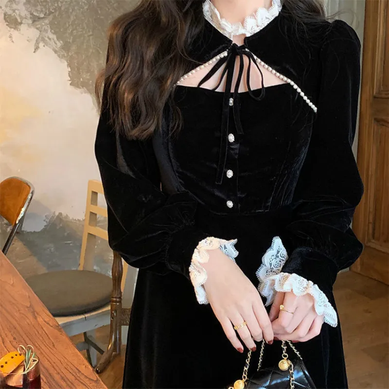 

Spring Goth Lolita Dress Women Elegant Retro Patchwork Hepburn Party Midi Dress Female French High Street Korean Designer Dress