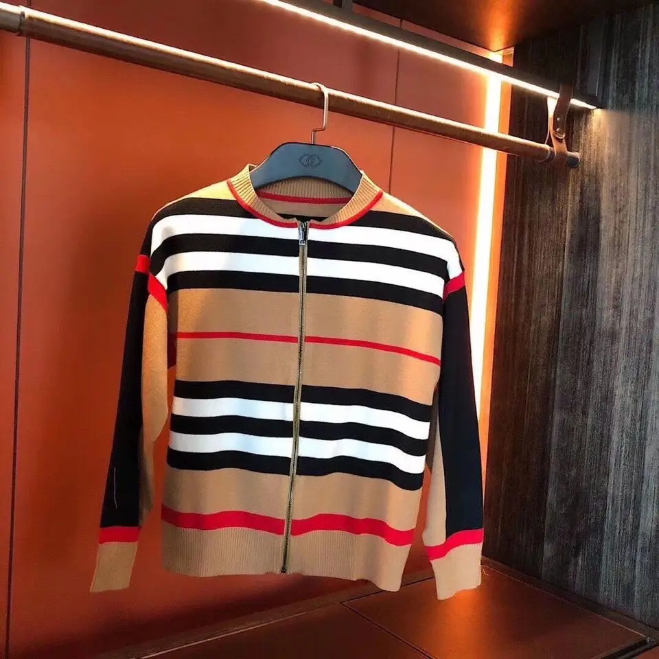 

Trend new khaki striped color knit zipper cardigan wild fashion knitted top