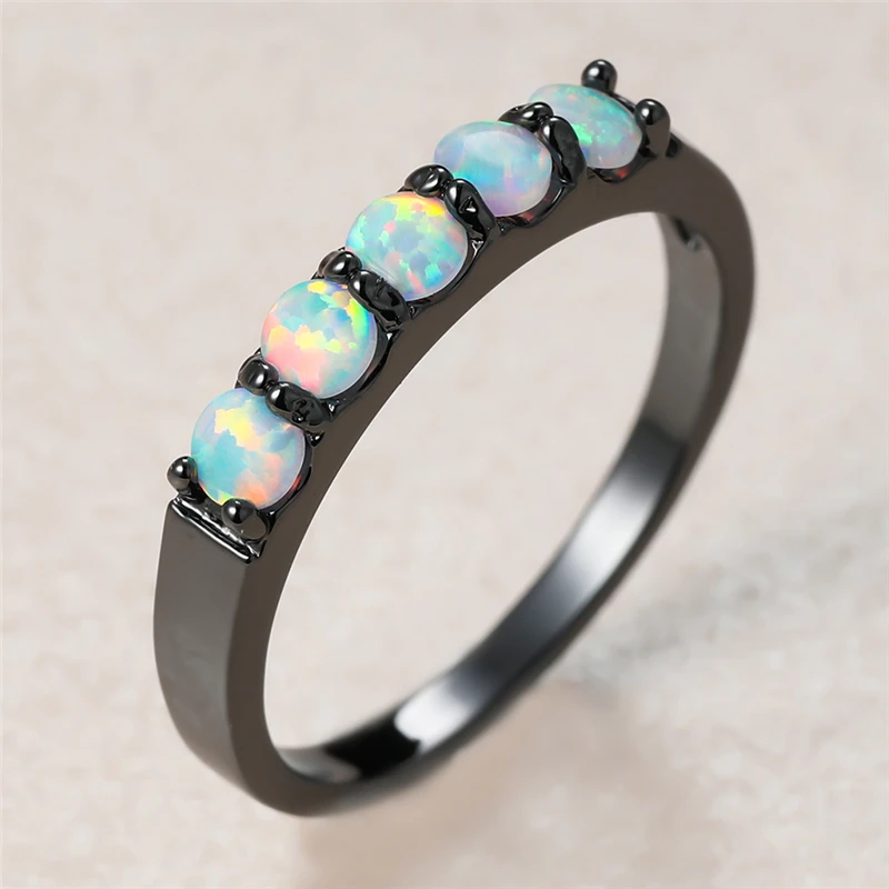 

Simple Female White Opal Stone Ring Charm 14KT Black Gold Wedding Rings For Women Luxury Bride Round Thin Engagement Ring