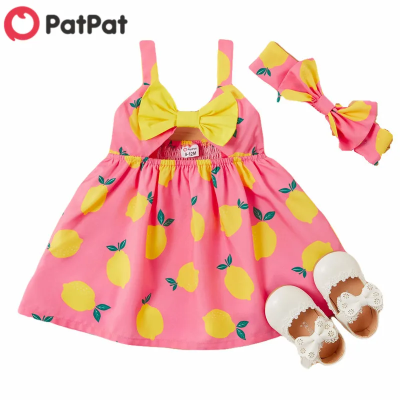 

PatPat 2020 New Summer Baby Lemon Print Strappy Dresses with Headband Set for Baby Girl Lemon Vacation Dress Clothes