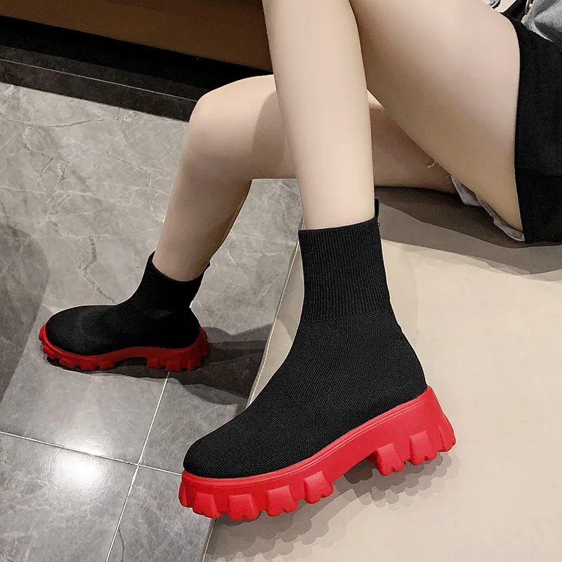 

2022 Autumn Winter New Couple Socks Shoes Women Thick-soled Casual Large Size Net Red Knitted Short Boots Women botas de mujer