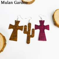 mg 3 patterns new vintage cactus cross earrings wood pu leather copper needle earrings simple women jewelry accessories gift