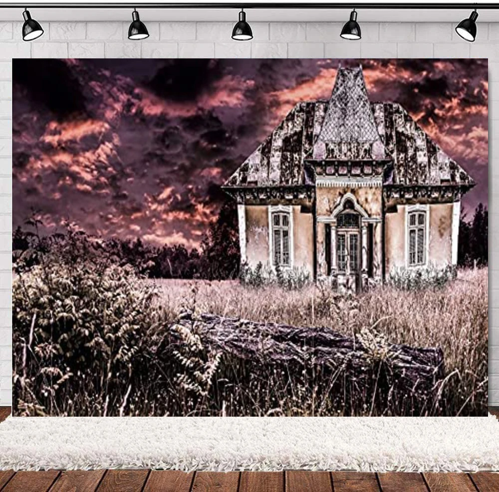 

Ruined House Photography Backdrop Terror Old Abandoned House Scary Dark Night Weed View Background Western Halloween Party