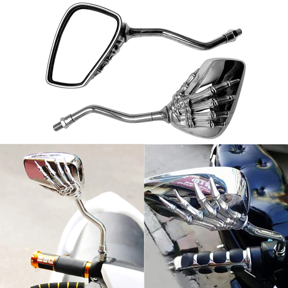

1 Pair Side Mirrors Black Silver Rear View Mirrors Skeleton Hand Rearview Side Mirrors 10mm for Motorbike Accessories