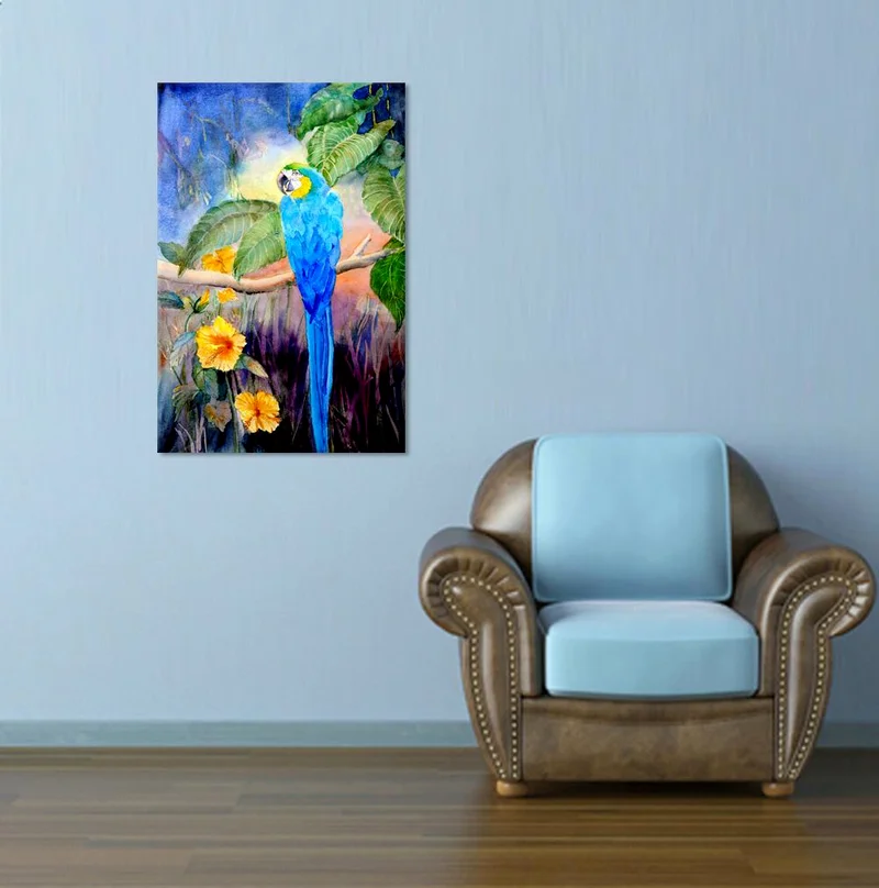 Синий постер попугая Wall Art Печать холст Картина цельнокроеное платье с рисунком