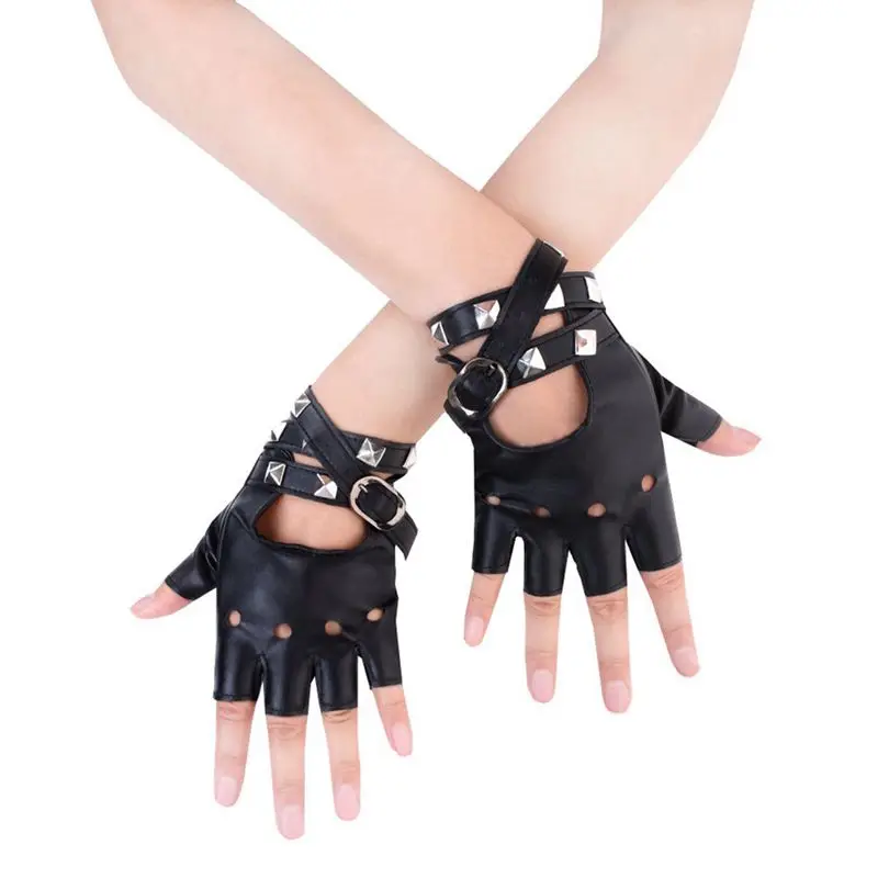 

Women Punk Rivets Belt Up Half Finger PU Leather Performance Gloves