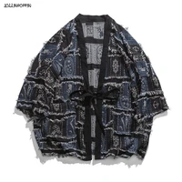 japan style vintage men kimono jacket stand collar raw edge patched mens ethnic printed thin coat drop shoulder haori
