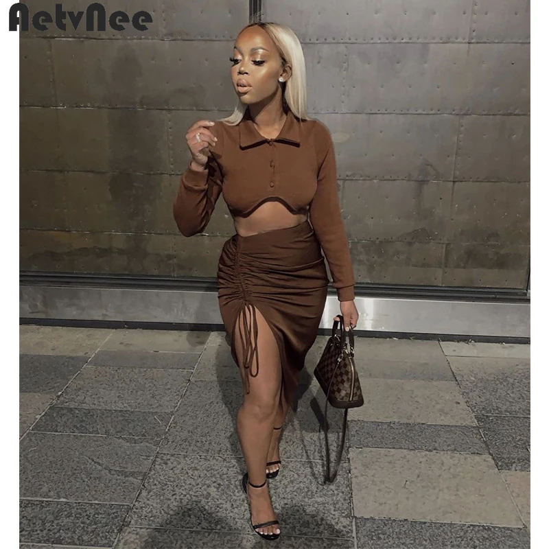 

Женский однотонный Костюм-двойка, Осенний однотонный комплект из двух предметов, однобортный короткий топ с длинным рукавом и Облегающая Ю...