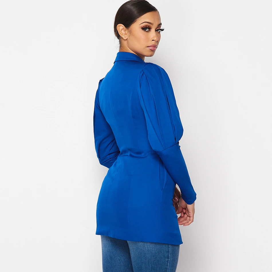 2021 New Women Fashion Sexy Blue Black White V-neck Long Sleeve Puff Single Breasted Pocket Decorative Coat | Женская одежда