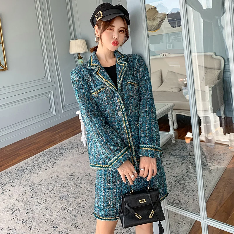 

2020 winter women's fashion Plaid Contrasting color contrast long-sleeved woolen jackets + knitted skirts two-piece suits