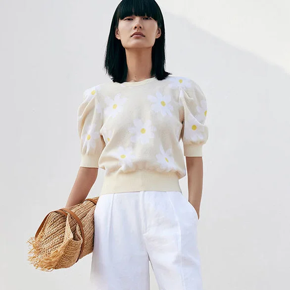 

Round Neck Knitted Top with Bubble Sleeves for Women in Spring and Summer