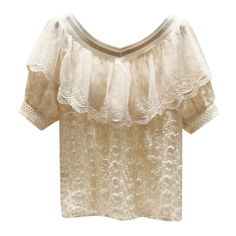 

2021 Summer Women's Short Sleeves V Neck Neck Ruffles Mesh Lace T-Shirt Tee Girls Pullover Casual Tops Tees A2872
