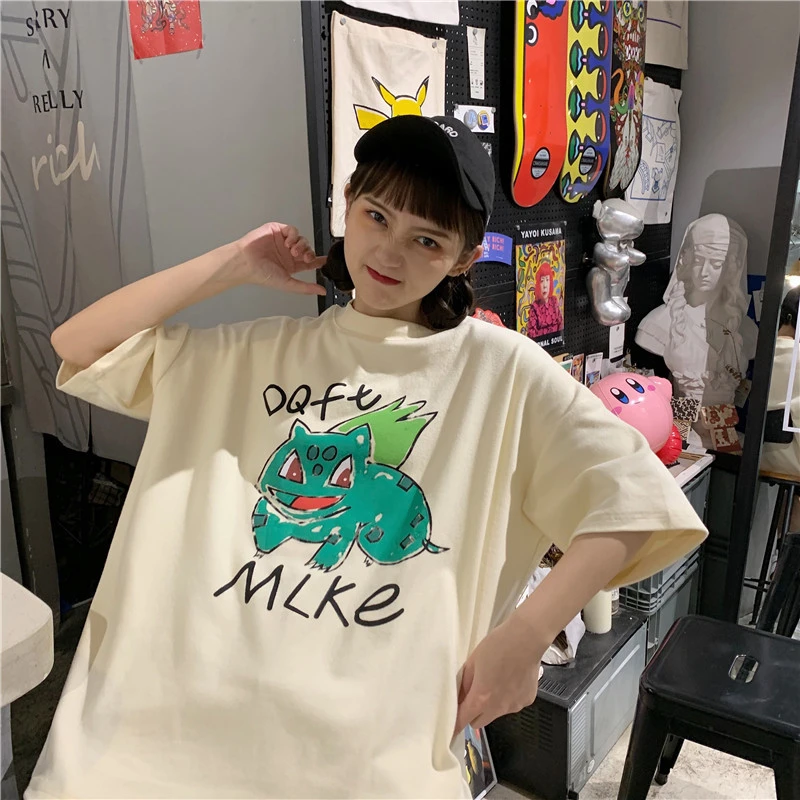 

Хлопковая летняя Свободная Женская футболка средней длины с мультяшным принтом, Корейская одежда в стиле Харадзюку, Женская хлопковая руба...
