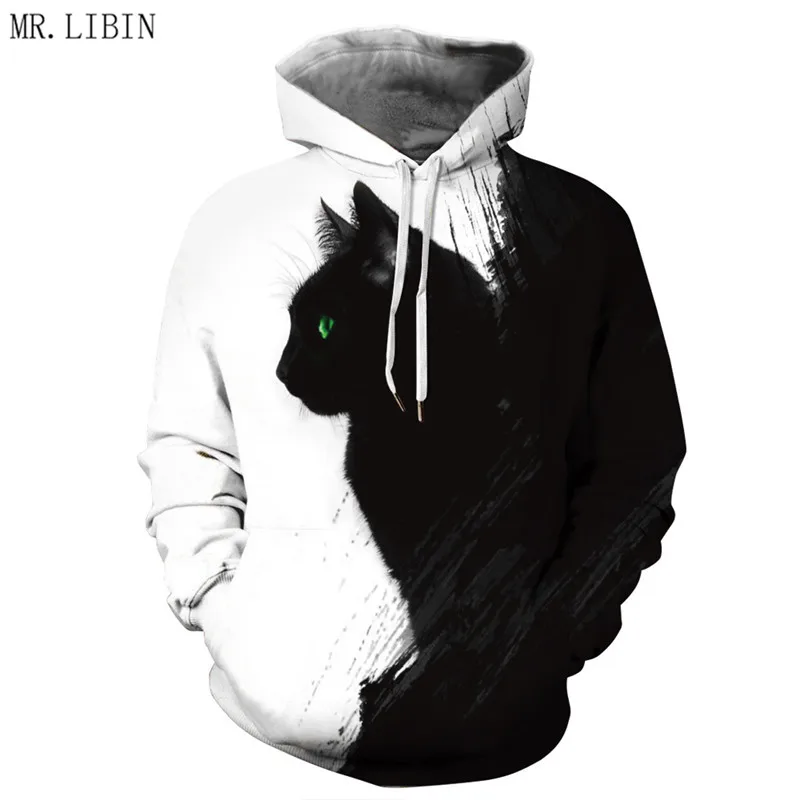 Аниме кошка толстовки мужские чёрное худи 3d пуловер с рисунком Уличная
