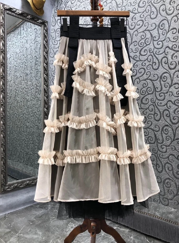 High Quality Women's Skirt 2022 Spring Summer Skirt Ladies Ruffle Flower Deco Large Swing Casual Party Apricot Black Skirts