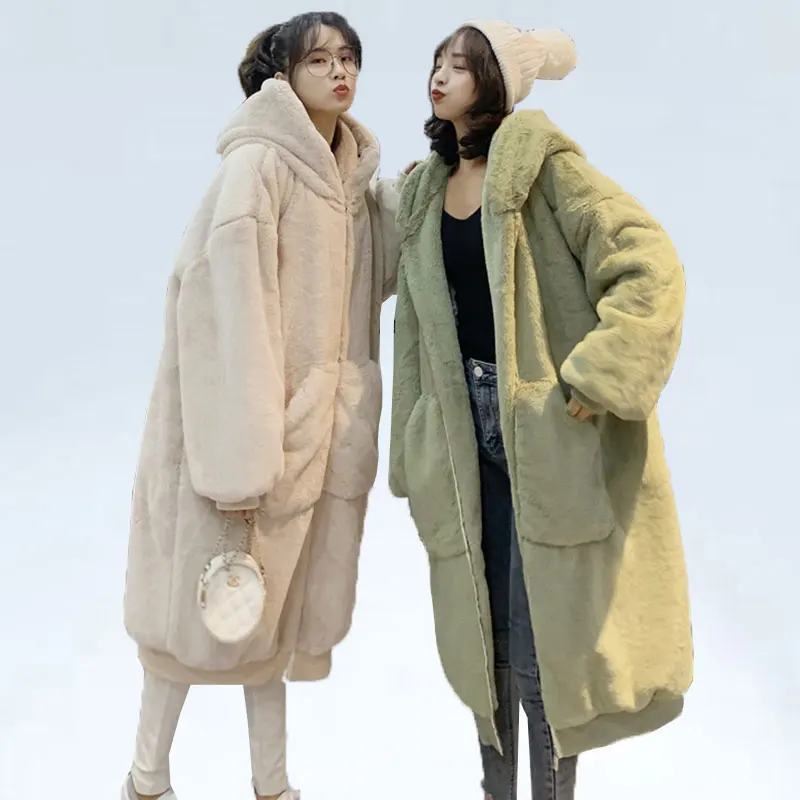 30 Degrees Fur Coat Women Casual Hoodies Furry Thick Warm Long Faux Rabbit Fur Jacket Loose Winter Coat Women OverCoat