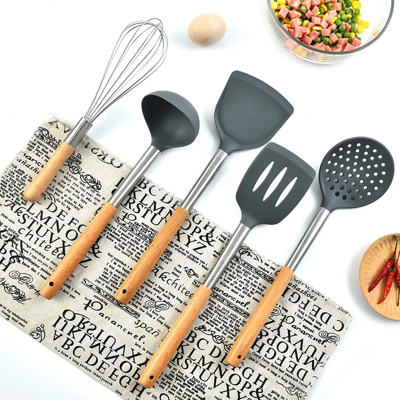 

Wooden handle silicone spatula soup spoon non-stick cooking spoon spatula set high temperature kitchen tool 5-piece set