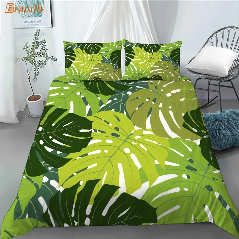 Juego de ropa de cama con estampado de hojas de palmera, edred&oacute;n de 3 piezas con dise&ntilde;o sin costuras, funda de almohada, Textiles para el hogar, 1009-2