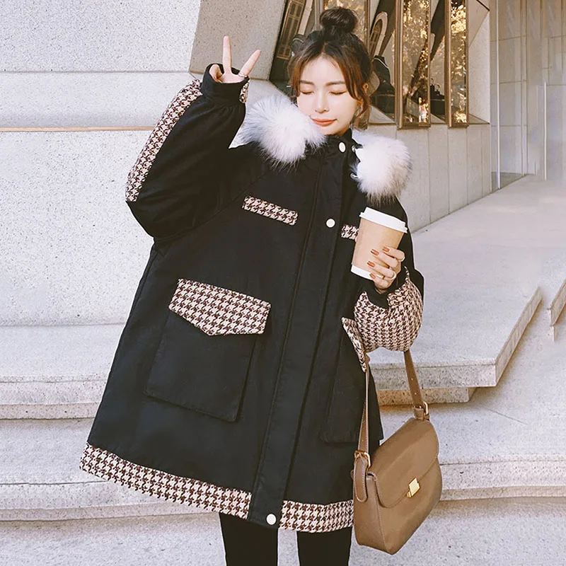

2021 New Casual Fashion Fur collars Hooded Winter coat women's Plaid stitched jacket dwon cotton coat with Big pocket MY92