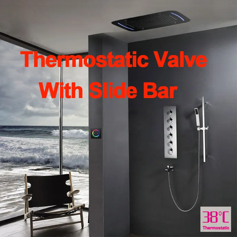 Thermostatic Душевой набор для ванной, термостатический смеситель, смесители для душа, светодиодный потолочный Душ с дождевой насадкой, туманный дождевой Душ, водопад с горкой - Цвет: Thermostatic