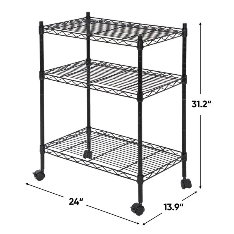 

3-Shelf Shelving Storage Unit on 2" Wheel Caster Metal Organizer Wire Rack Black